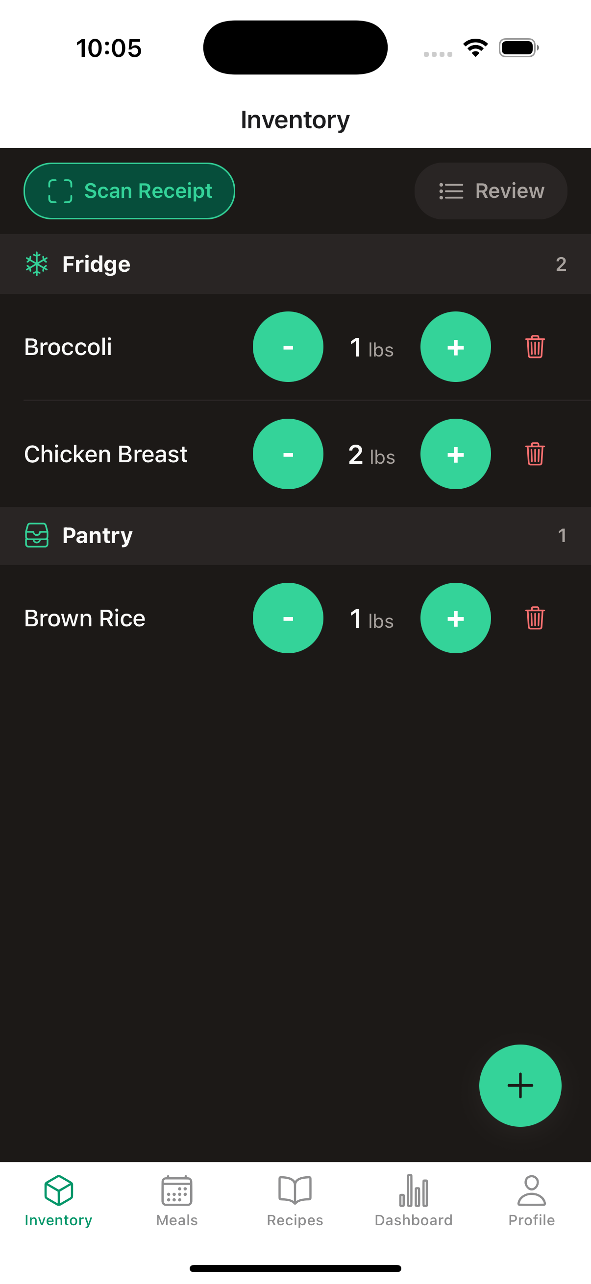 Kitchen inventory tracking across fridge, freezer, pantry, and spice rack
